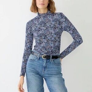 J Crew Turtleneck Top Ruched Matte Jersey Size S Coventry Floral BM340 Navy